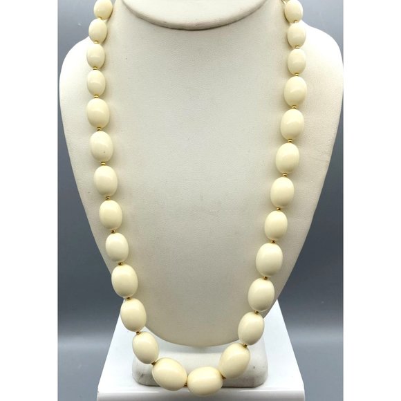 Vintage White Lucite Graduated Necklace with Oblong Beads and Gold Tone Spacer - Picture 1 of 3